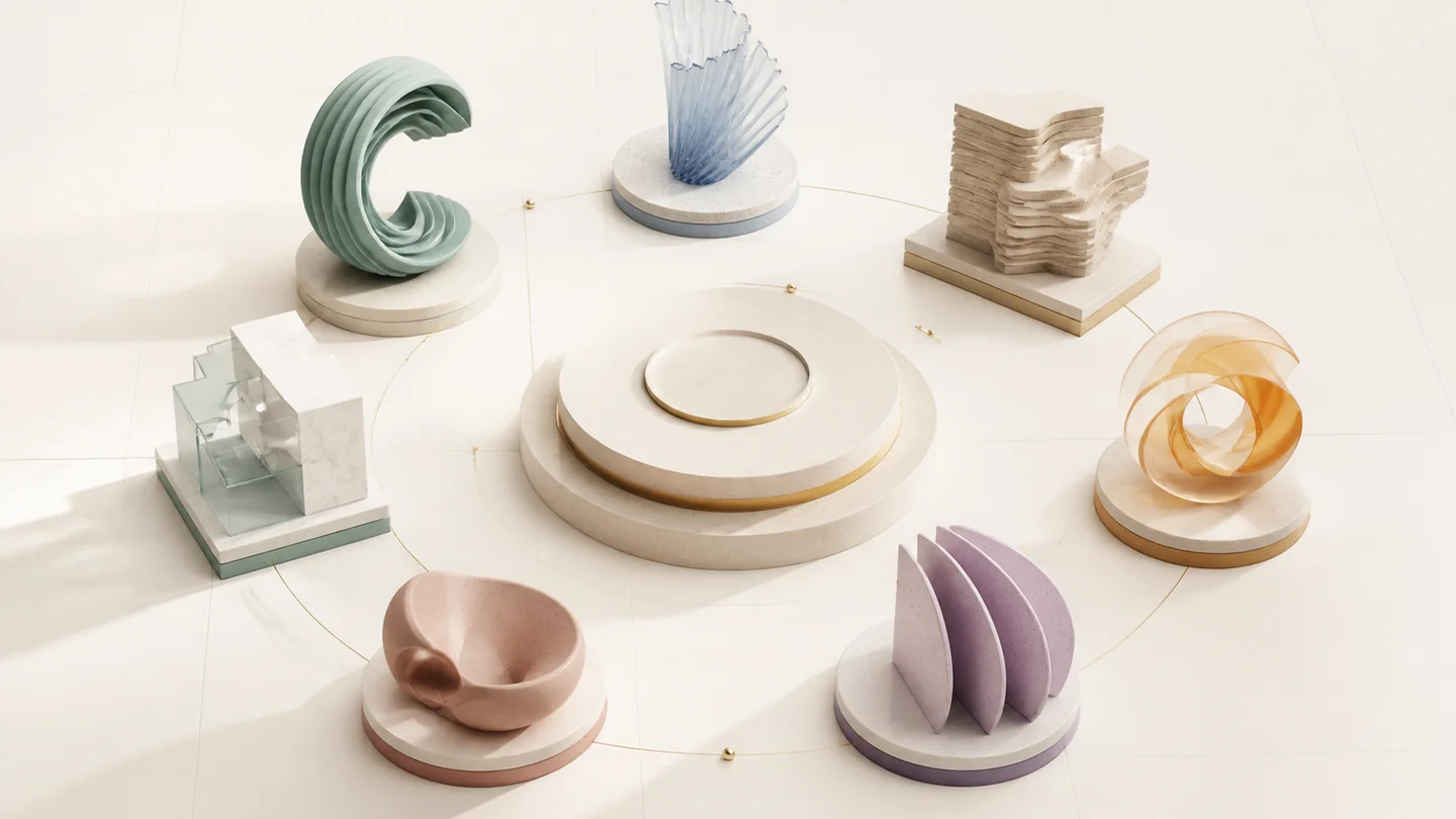 Distinct sculptural forms connected to one central foundation, representing the Artiena digital ventures portfolio