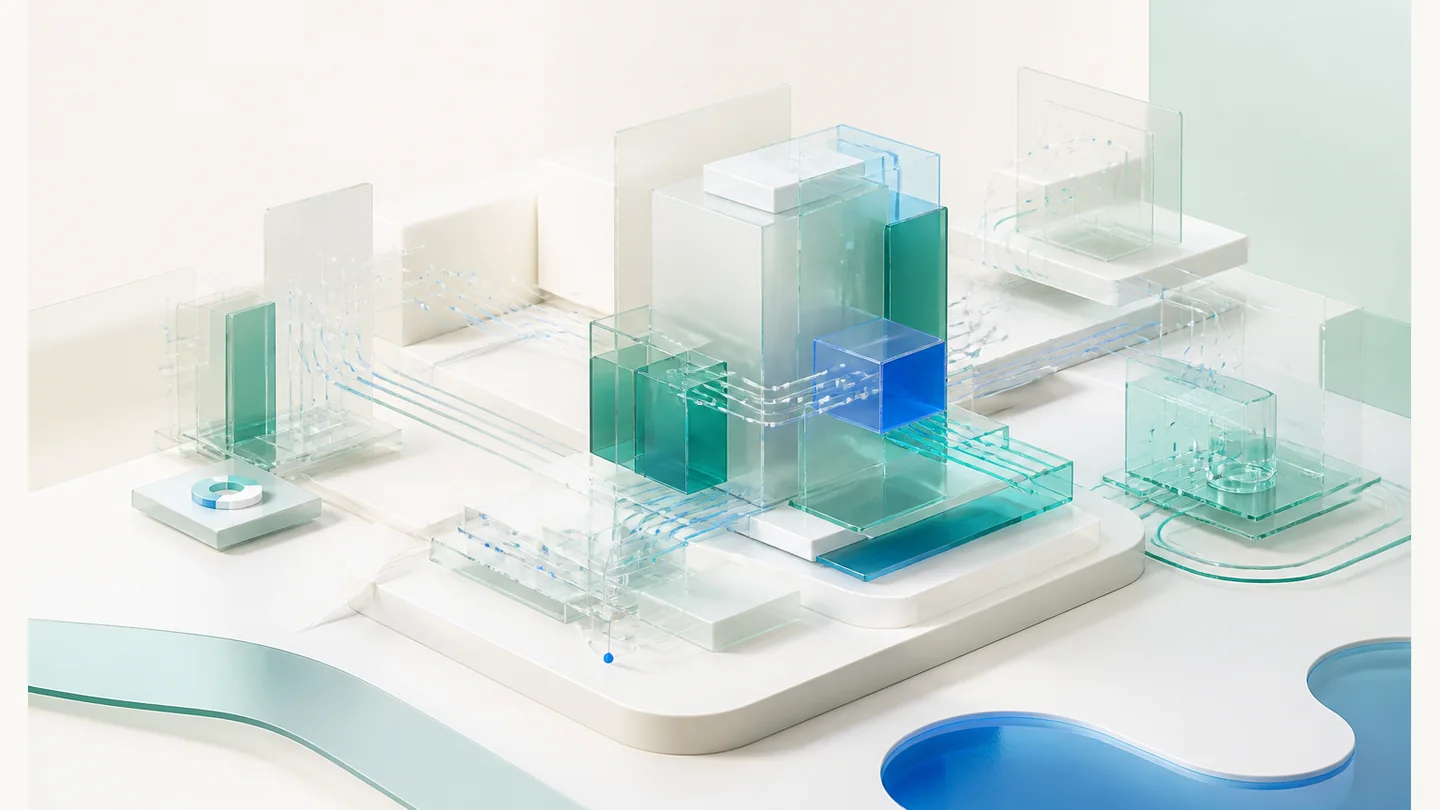 Abstract light-theme technology ecosystem representing Artiena software, cloud integration and connected business systems